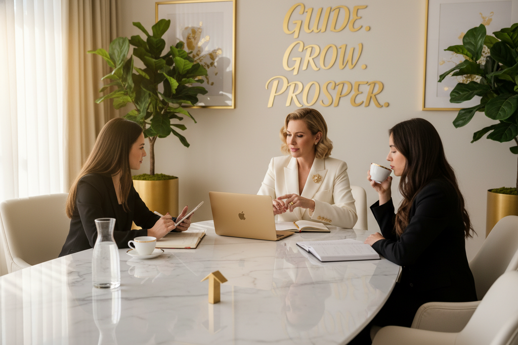 
Elegant mentorship and financial consulting scene featuring a confident professional woman with classic old-Hollywood style, wearing a chic cream or black outfit with gold accents, sitting at a modern desk or meeting table. She is guiding another woman or small group in a professional yet friendly way — using notebooks, laptops, and coffee cups. The setting feels luxurious and inspirational, with soft natural light, cream and gold décor, and a calm, motivational tone. Represent mentorship, leadership, 
