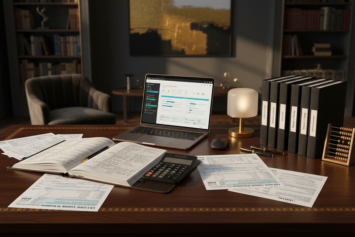 Elegant tax preparation and financial filing concept featuring detailed IRS forms, calculators, and organized client folders laid out on a clean desk. Include visible tax documents like Form 1040, W-2s, 1099s, and notebooks with handwritten calculations. Add a laptop screen showing professional tax software or digital e-filing in progress. The setting should feel precise and high-end — representing accuracy, expertise, and trust. Incorporate subtle gold and black accents, soft lighting, and luxury office dé