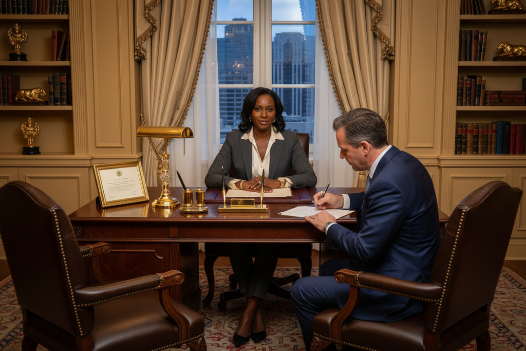 I don’t know the picture looks weird. Somebody need to be on the other side of the desk and not both of them in authority. She needs to be the authority he needs to be the customer.