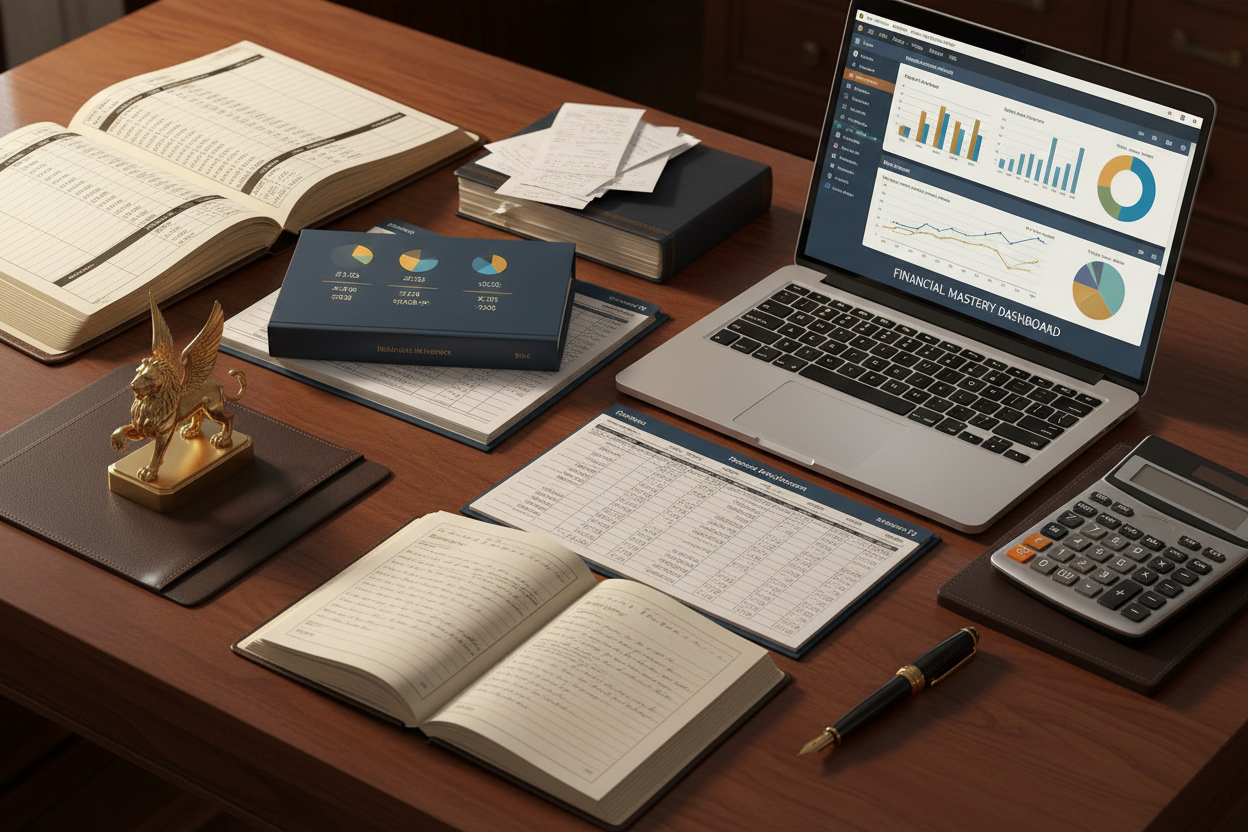 Luxury bookkeeping and financial record-keeping concept featuring elegant open ledgers, balance sheets, calculators, and accounting journals arranged neatly on a desk. Include glowing gold-accented spreadsheets, a laptop screen displaying QuickBooks-style software with financial charts and profit-and-loss summaries. Add detailed handwritten notes, receipts, and a fountain pen beside a calculator. The mood should feel intelligent, precise, and data-driven — representing bookkeeping mastery, financial organiz